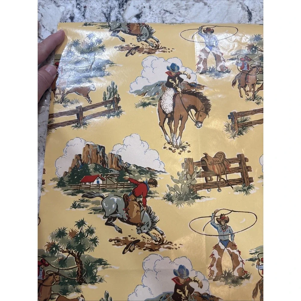 VTG Sheet of Cowboy Wrapping Paper 25 1/2x30 Horses Cow Saddle‎ Wild West Lasso